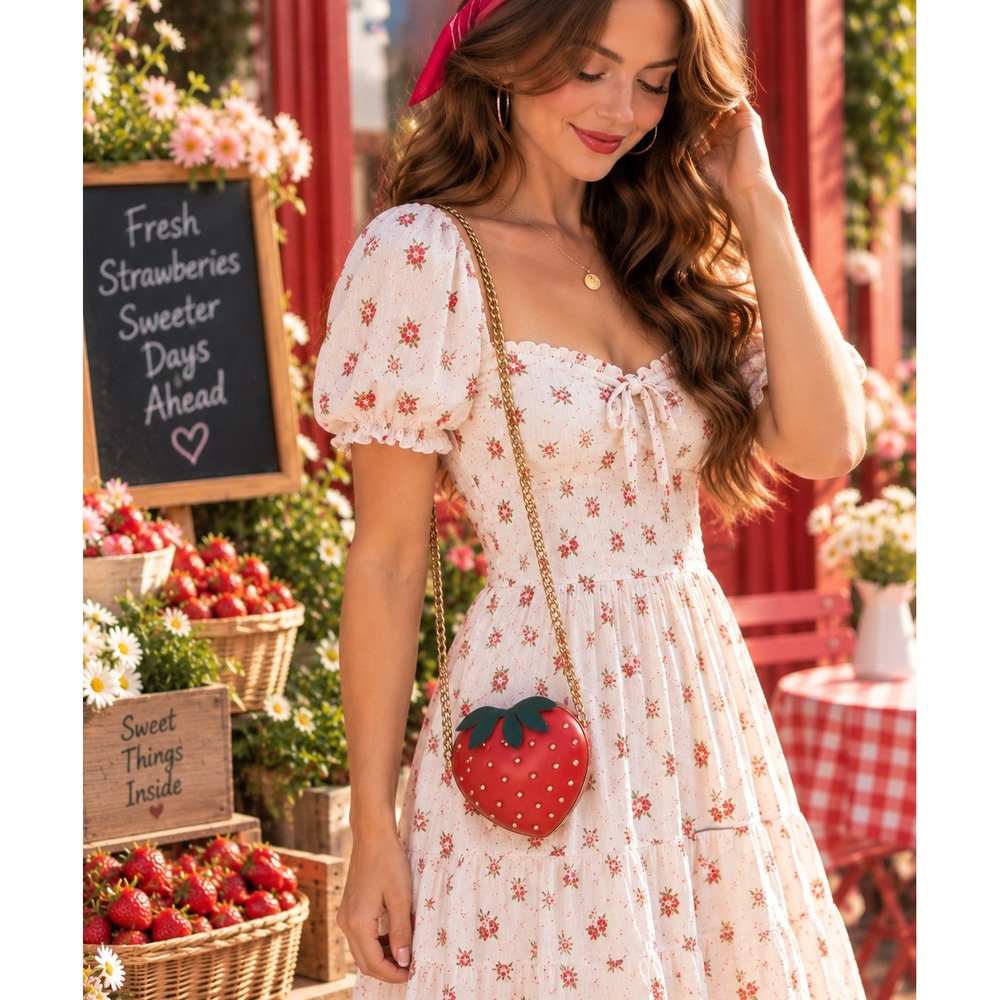 Women's Red Studded Strawberry Convertible Crossbody Bag Kitsch Novelty Clutch